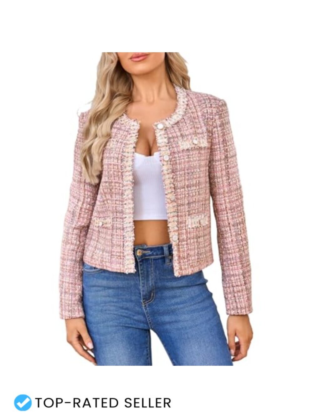 Women's Cropped Tweed Blazer Long Sleeve Open Front Lace Trim Lightweight